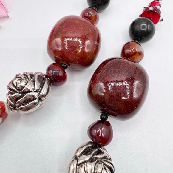 Handmade Chunky Beaded Necklace Unakite Cloisonné Ceramic Glass Eclectic Heavy - Picture 6 of 16